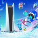 An illustration shows bot from the game Astro got on sleds with gifts and a giant PlayStation 5.